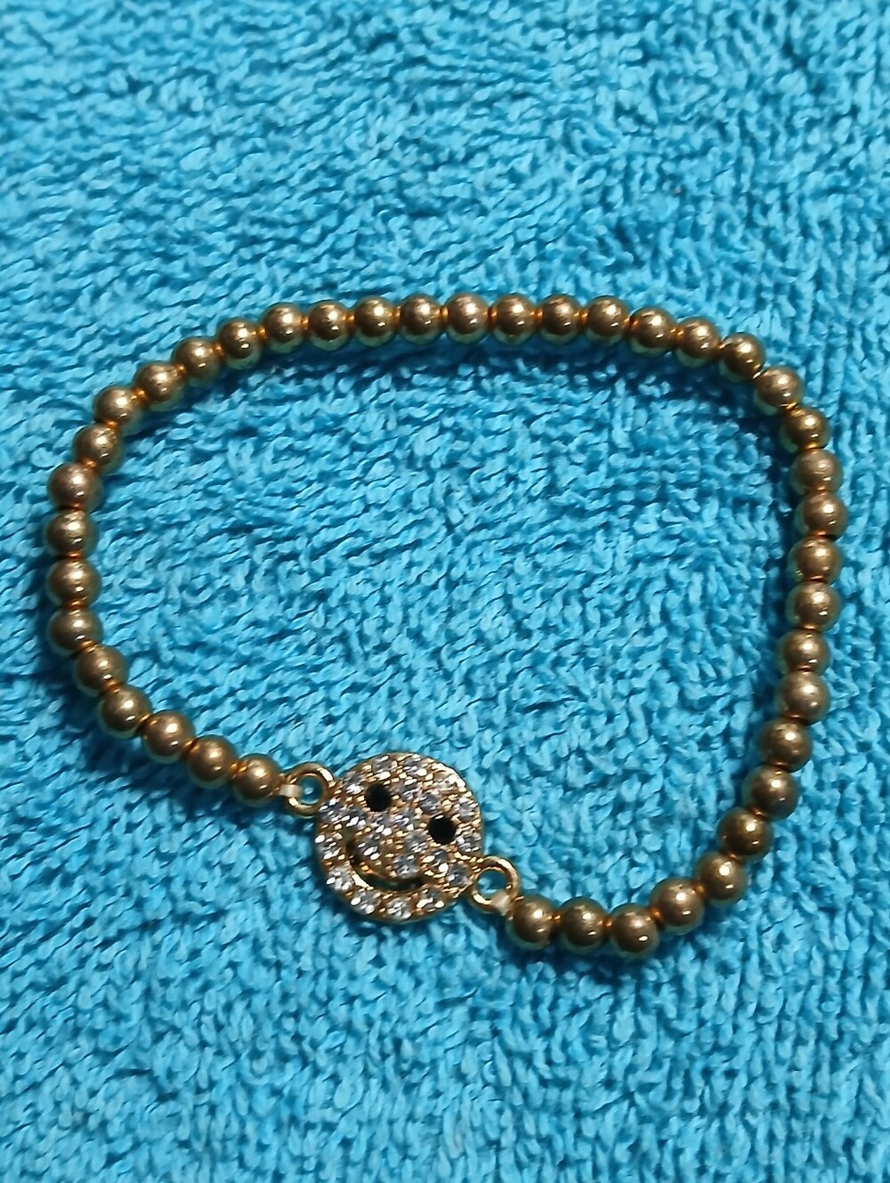 Gold Beaded Bracelet with Pavé Smiley Face Charm